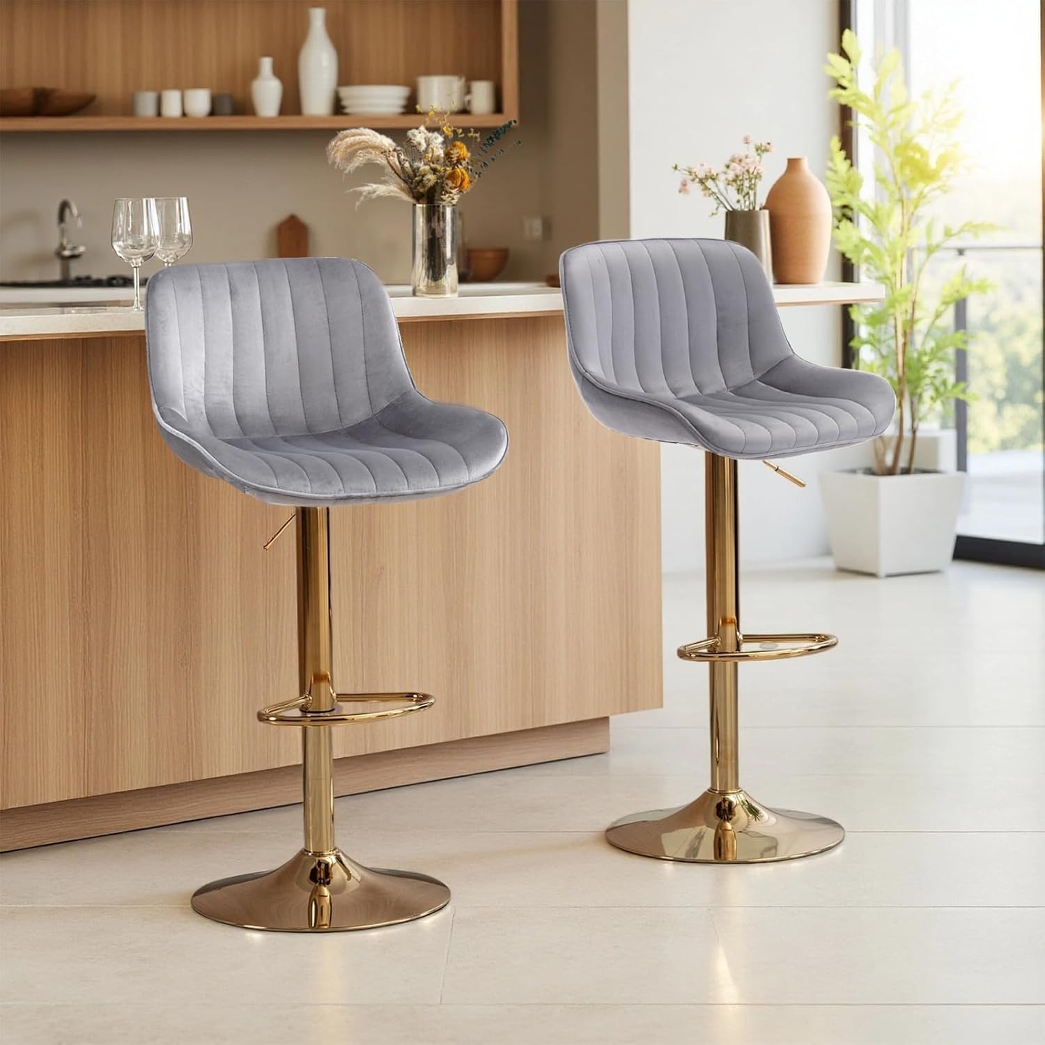 Bar Stools Set of 2, Swivel Adjustable Height Fabric Bar Chair