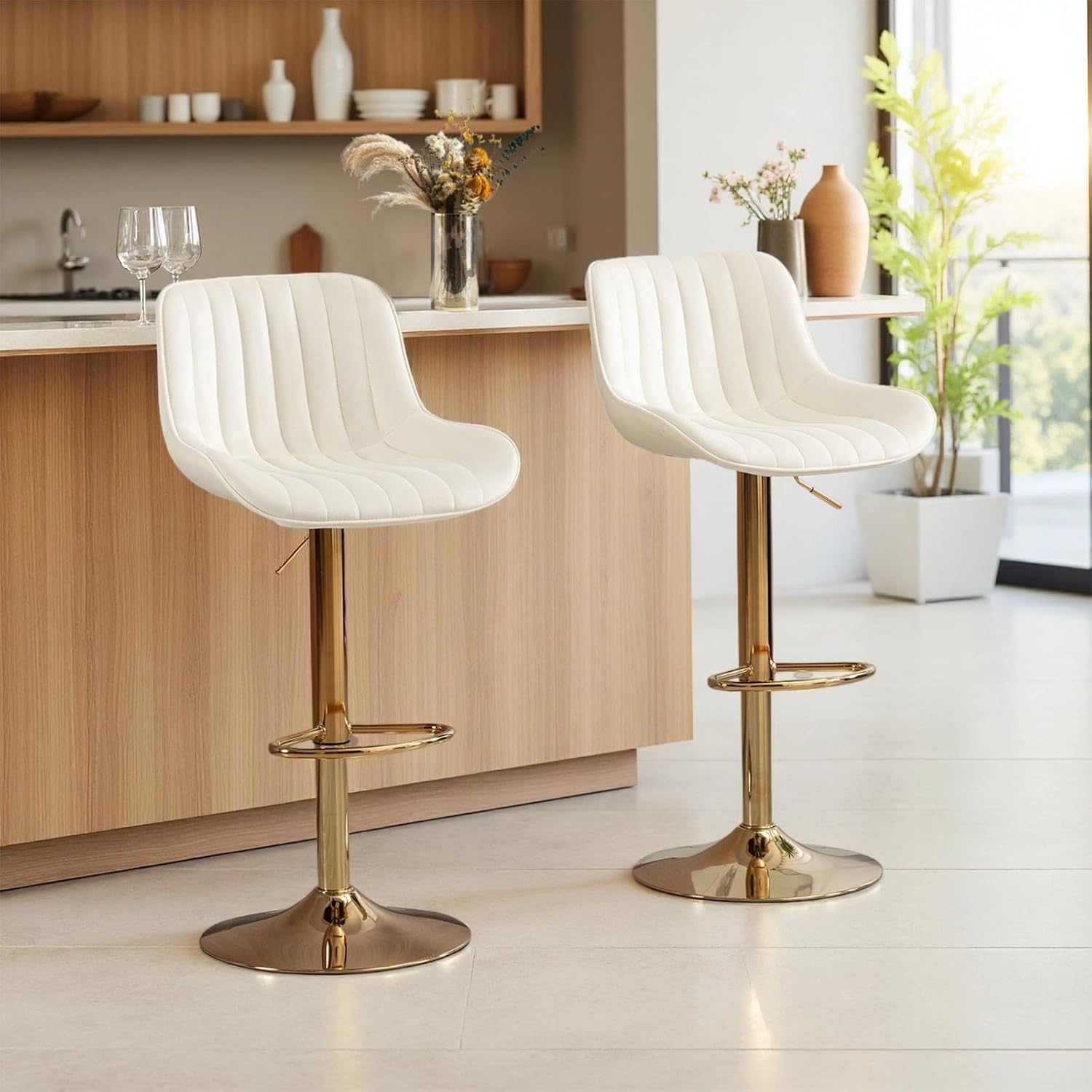 Bar Stools Set of 2, Swivel Adjustable Height Fabric Bar Chair beige