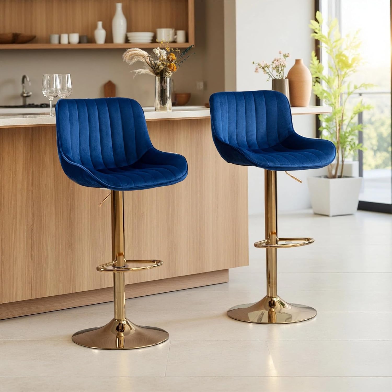 Bar Stools Set of 2, Swivel Adjustable Height Fabric Bar Chair Blue