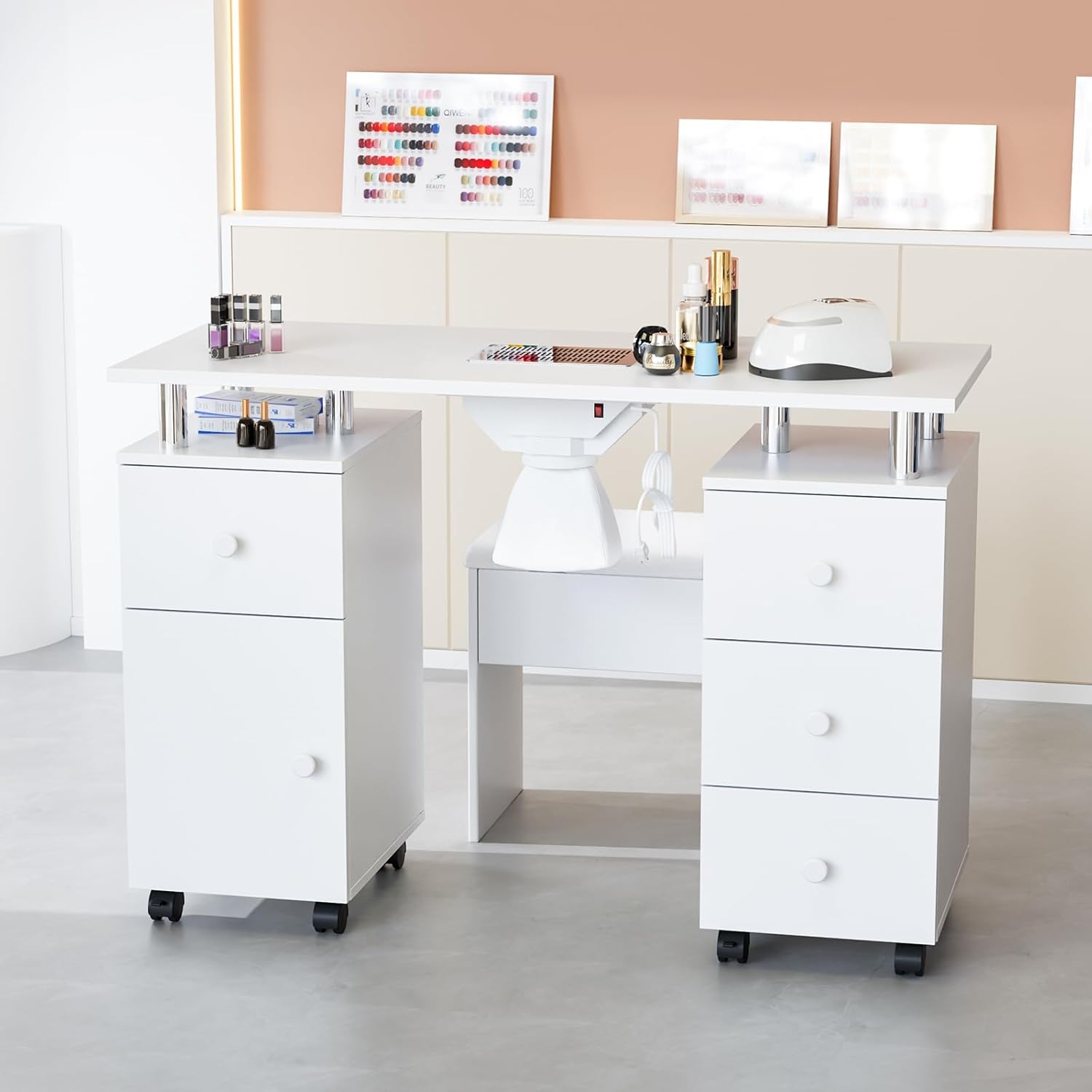 Nail Desk for Nail Tech w/Electric Dust Collector, Rolling Manicure Table Storage Drawers