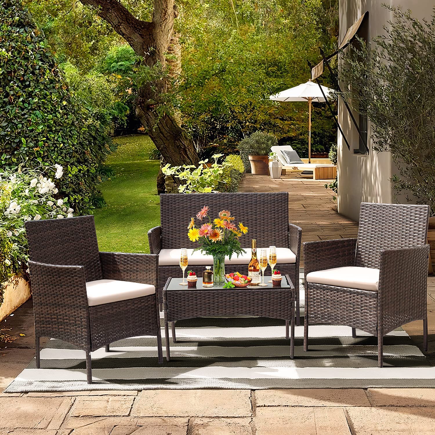 4-Piece Patio Furniture Set | Brown | Outdoor Wicker Furniture with Coffee Table